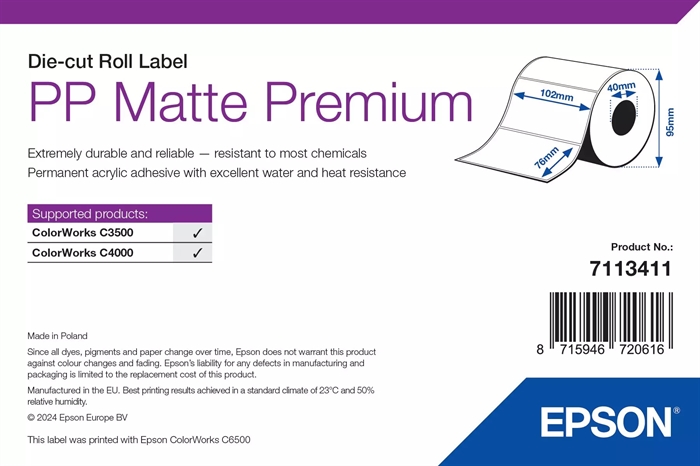 Epson PP Matte Label Premium, Die-cut labels, 102 x 76mm (365 Labels)